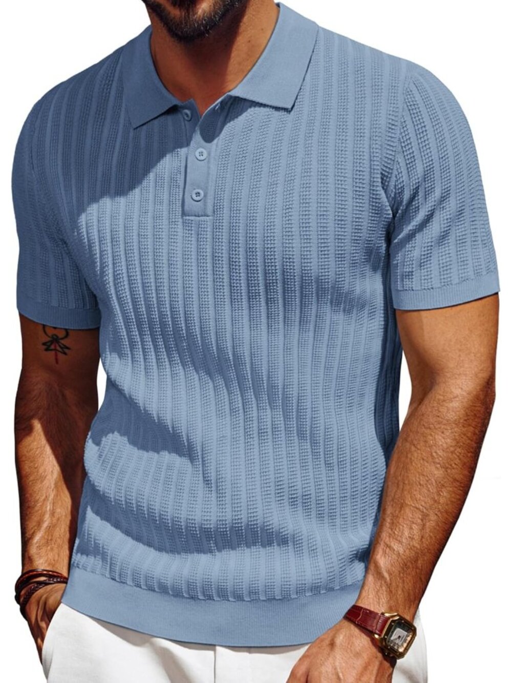 Men's Gray Blue Knit Short Sleeve Textured Imported Polo T Shirt Casual